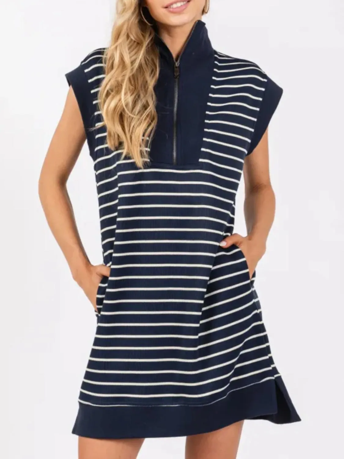 Full Size Pocketed Striped Quarter Zip Cap Sleeve Dress sold by Charming Charlie product image thumbnail 3