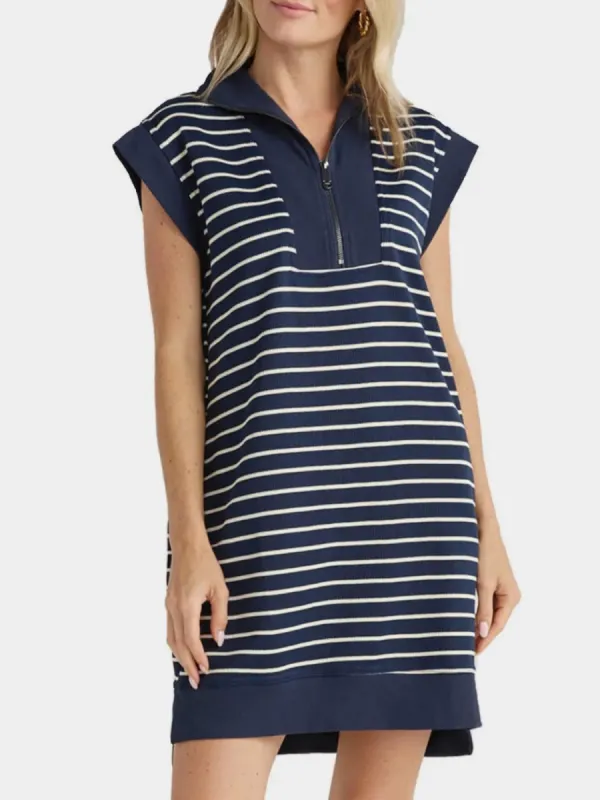 Full Size Pocketed Striped Quarter Zip Cap Sleeve Dress sold by Charming Charlie