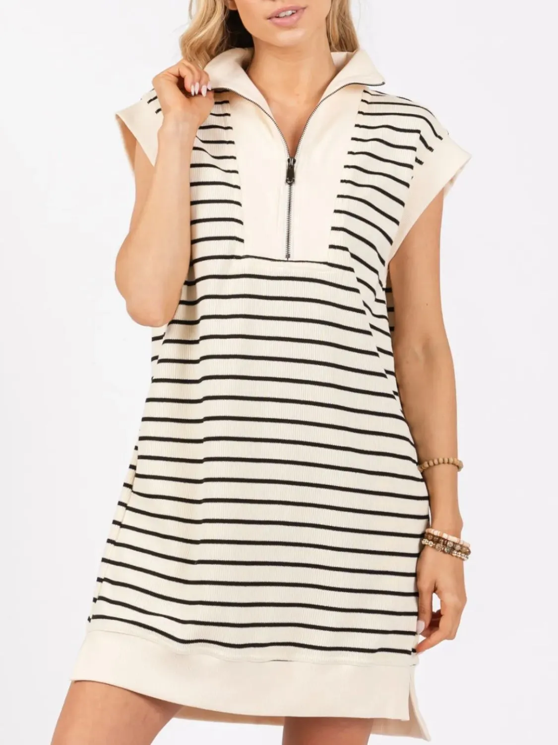 Full Size Pocketed Striped Quarter Zip Cap Sleeve Dress sold by Charming Charlie product image thumbnail 5