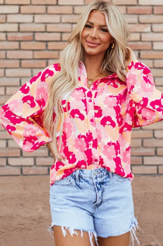 Women Floral Print Puff Sleeve Buttoned Shirt sold by Charming Charlie