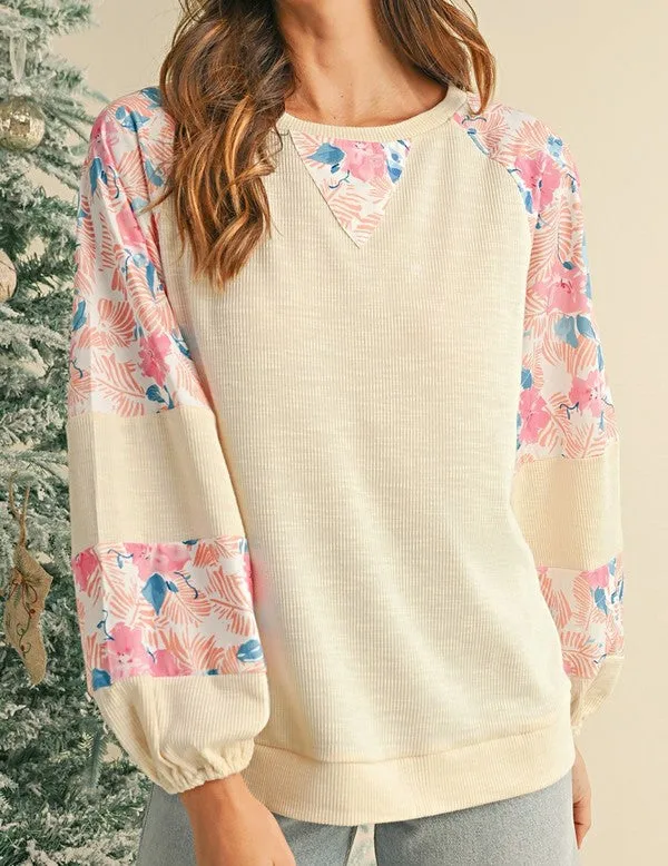 cotton Ribbed Floral Stitch Balloon Pull Over sold by Charming Charlie