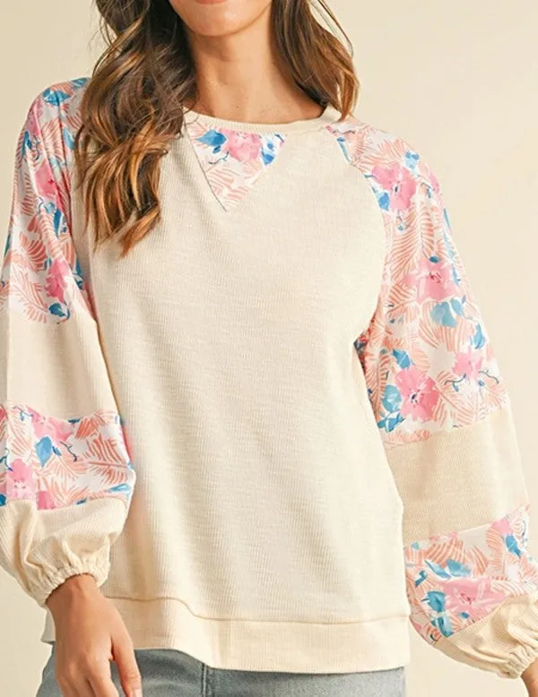 cotton Ribbed Floral Stitch Balloon Pull Over sold by Charming Charlie product image thumbnail 4
