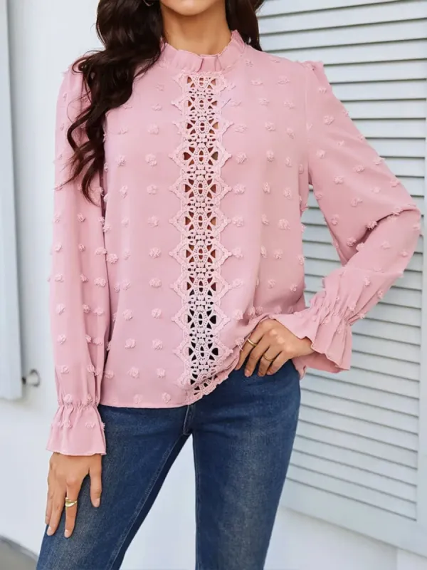 Swiss Dot Mock Neck Flounce Sleeve Blouse sold by Charming Charlie