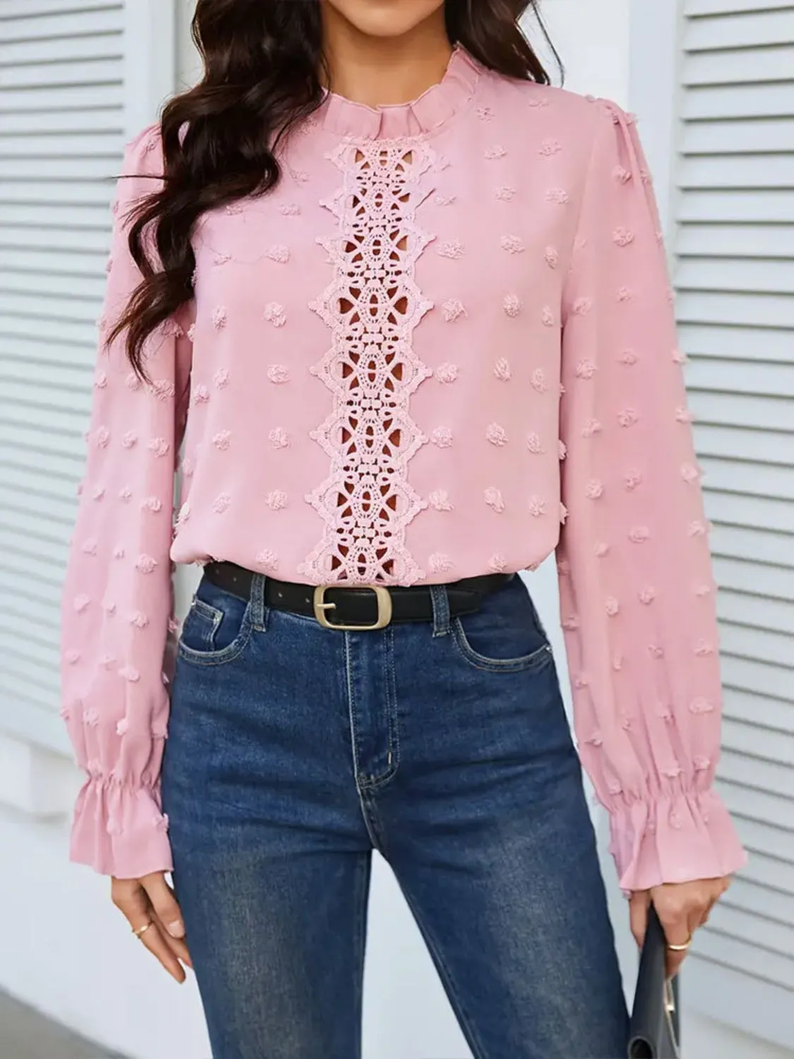 Swiss Dot Mock Neck Flounce Sleeve Blouse sold by Charming Charlie product image thumbnail 5