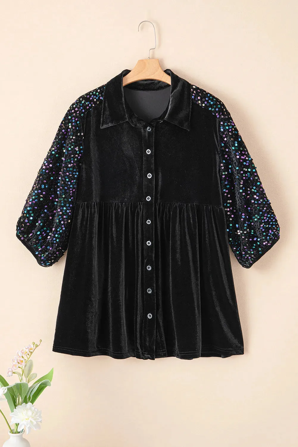 Sequin Collared Neck Three-Quarter Sleeve Oversize Shirt sold by Charming Charlie product image thumbnail 5