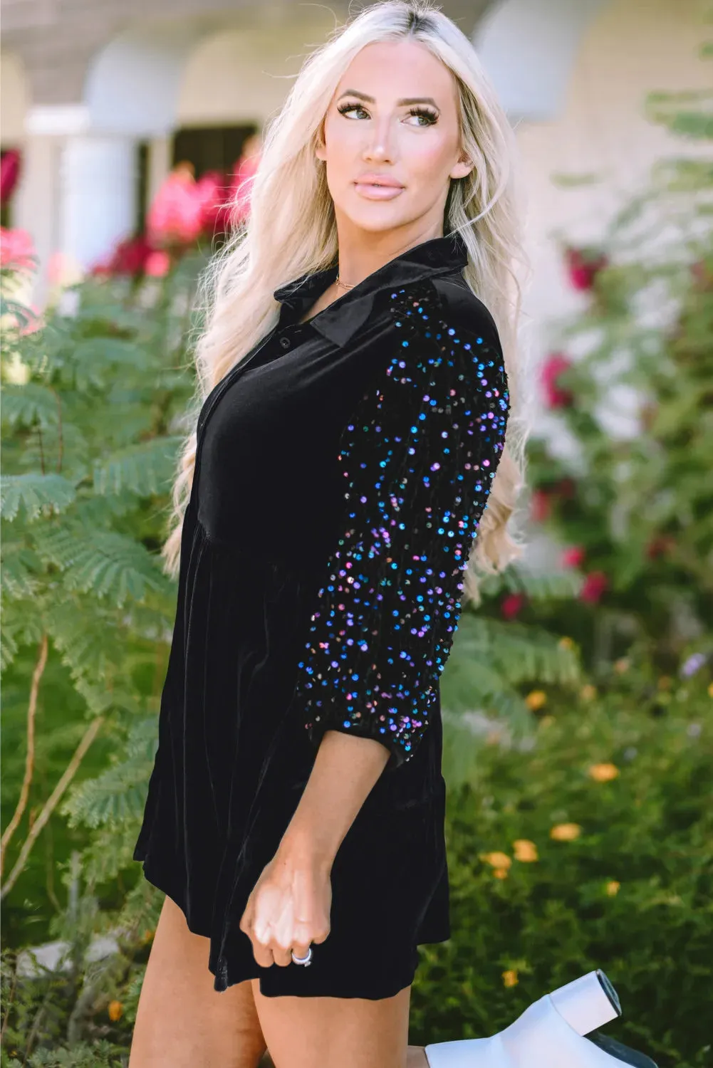 Sequin Collared Neck Three-Quarter Sleeve Oversize Shirt sold by Charming Charlie product image thumbnail 4