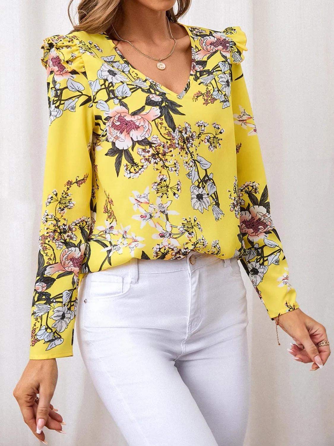 Ruffled Printed V-Neck Long Sleeve Blouse sold by Charming Charlie product image thumbnail 4