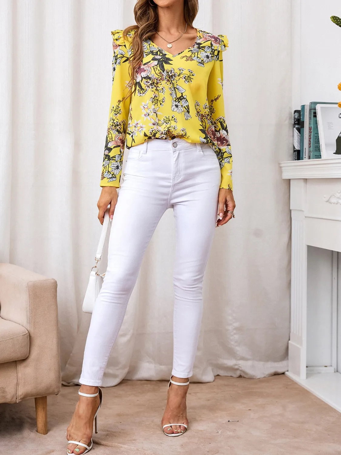 Ruffled Printed V-Neck Long Sleeve Blouse sold by Charming Charlie product image thumbnail 5
