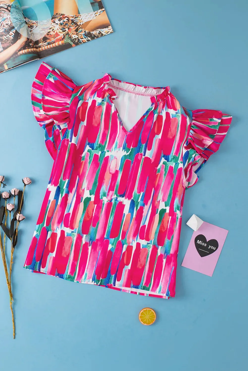 Ruffled Printed Notched Cap Sleeve Blouse sold by Charming Charlie product image thumbnail 2