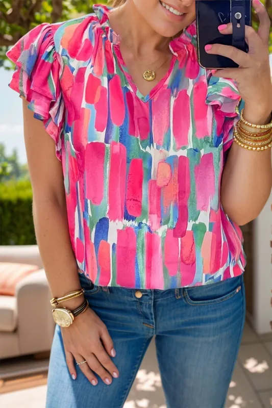Ruffled Printed Notched Cap Sleeve Blouse sold by Charming Charlie