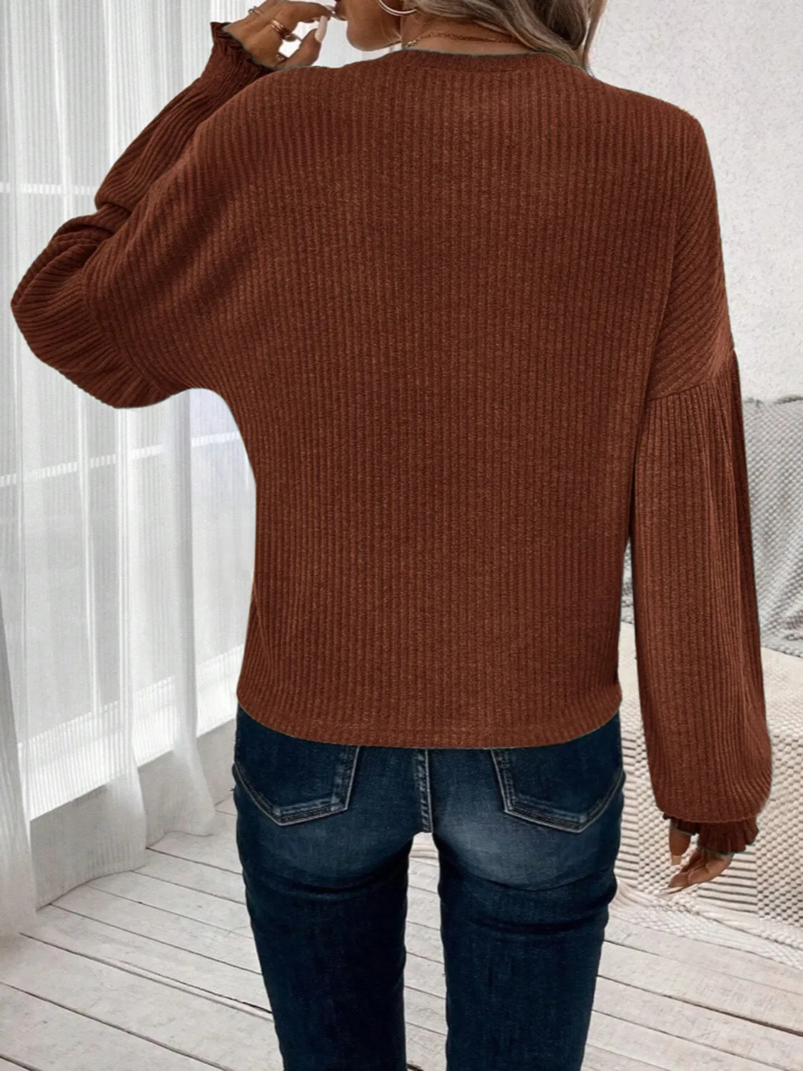 Ribbed Round Neck Lantern Sleeve T-Shirt sold by Charming Charlie product image thumbnail 5