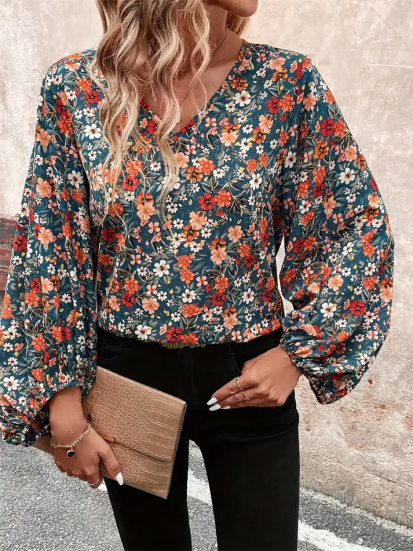 Printed V-Neck Balloon Sleeve Blouse sold by Charming Charlie