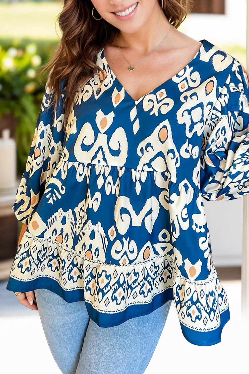 Printed V-Neck Three-Quarter Sleeve Blouse sold by Charming Charlie