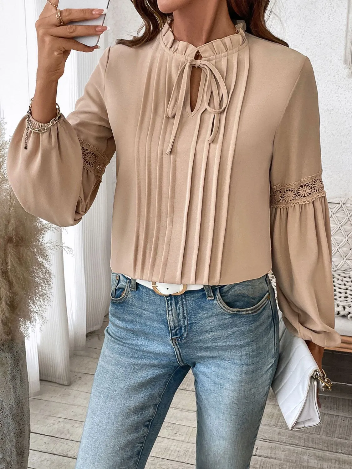 Perfee Frill Tie Neck Long Sleeve Blouse sold by Charming Charlie product image thumbnail 5