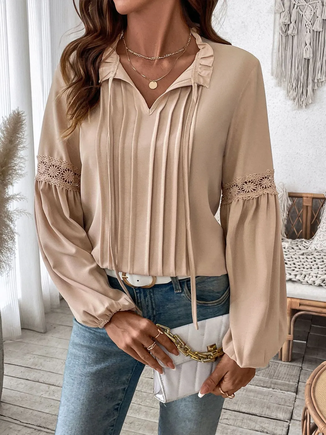 Perfee Frill Tie Neck Long Sleeve Blouse sold by Charming Charlie product image thumbnail 4