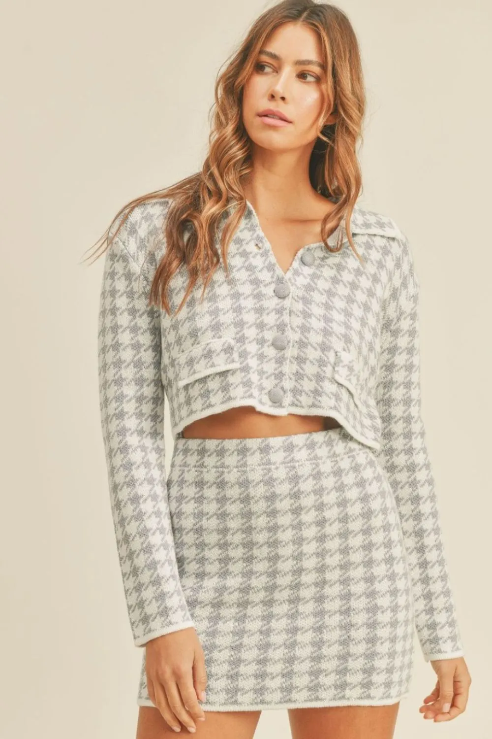 MABLE Houndstooth Cropped Knit Cardigan and Mini Skirt Set sold by Charming Charlie