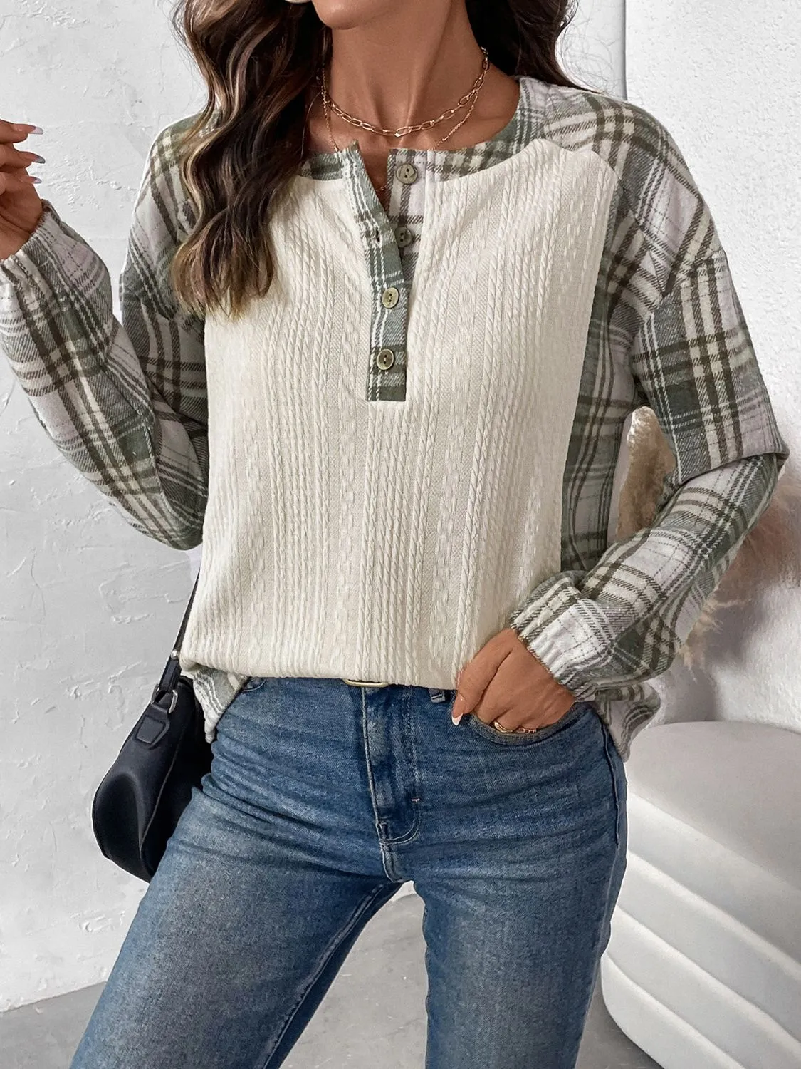 Perfee Plaid Half Button Long Sleeve T-Shirt sold by Charming Charlie product image thumbnail 3