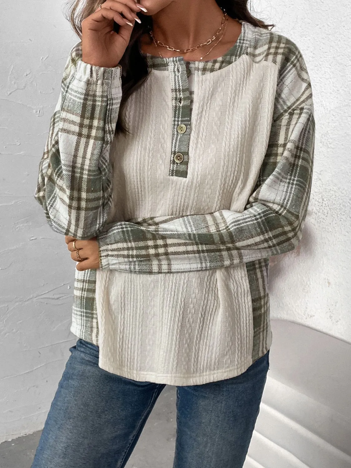 Perfee Plaid Half Button Long Sleeve T-Shirt sold by Charming Charlie product image thumbnail 4
