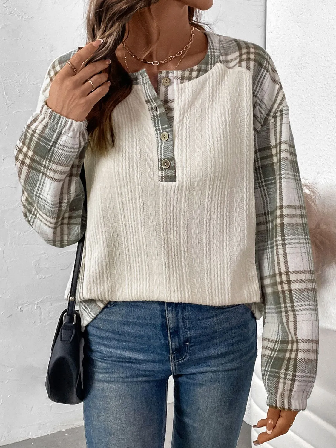 Perfee Plaid Half Button Long Sleeve T-Shirt sold by Charming Charlie
