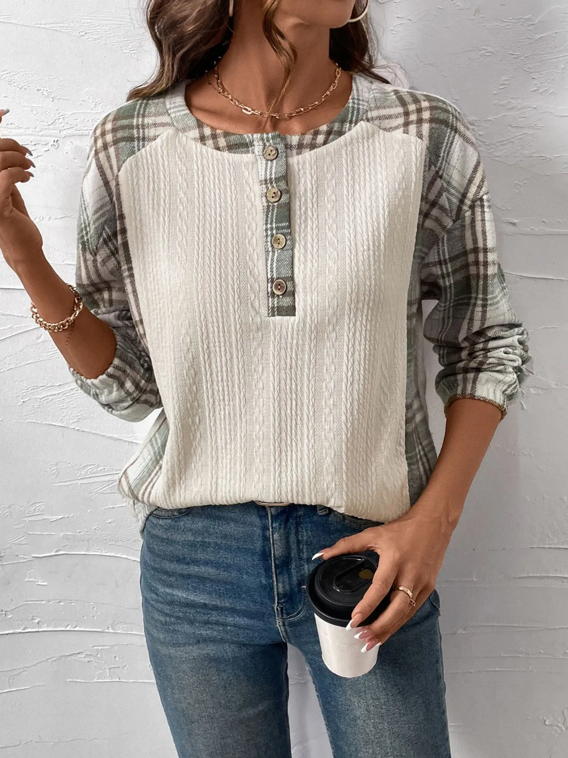 Perfee Plaid Half Button Long Sleeve T-Shirt sold by Charming Charlie product image thumbnail 5