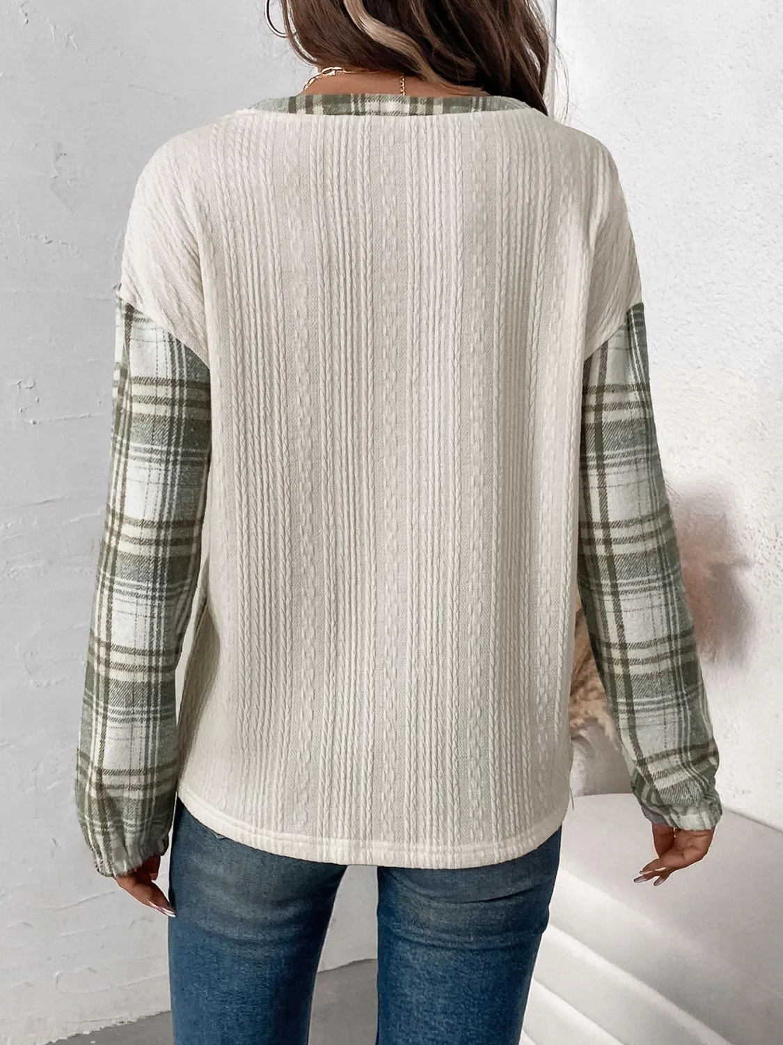 Perfee Plaid Half Button Long Sleeve T-Shirt sold by Charming Charlie product image thumbnail 2
