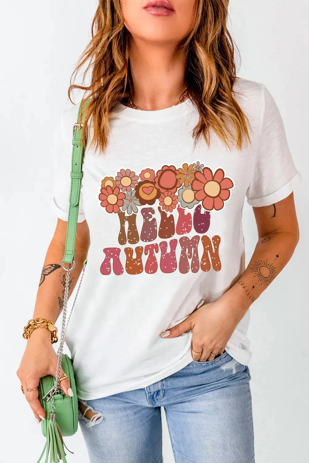 Flower & Letter Graphic Round Neck Short Sleeve T-Shirt sold by Charming Charlie