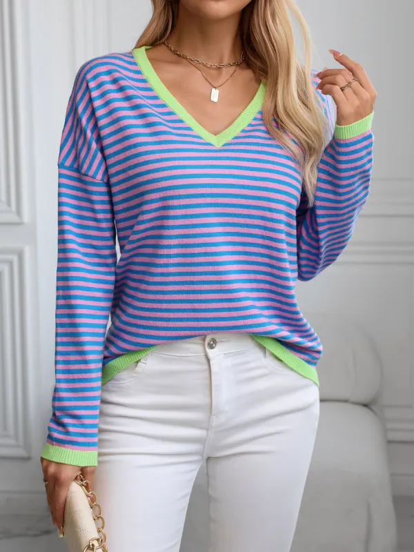 Contrast Trim Striped V-Neck Long Sleeve Knit Top sold by Charming Charlie