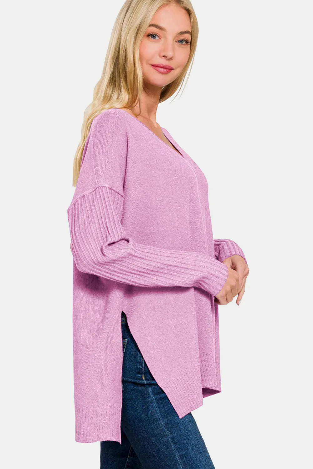 Zenana V-Neck Side Slit High-Low Sweater sold by Charming Charlie product image thumbnail 3