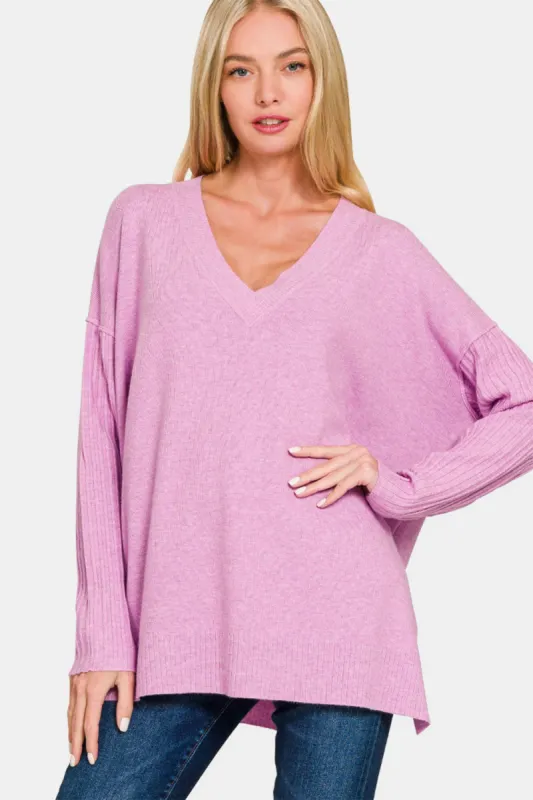 Zenana V-Neck Side Slit High-Low Sweater sold by Charming Charlie