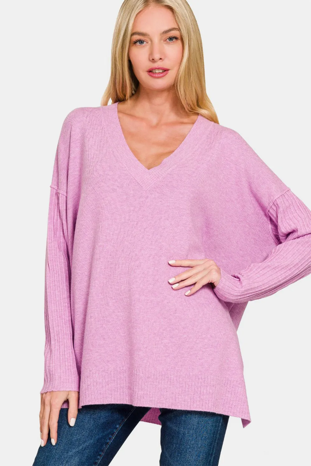 Zenana V-Neck Side Slit High-Low Sweater sold by Charming Charlie