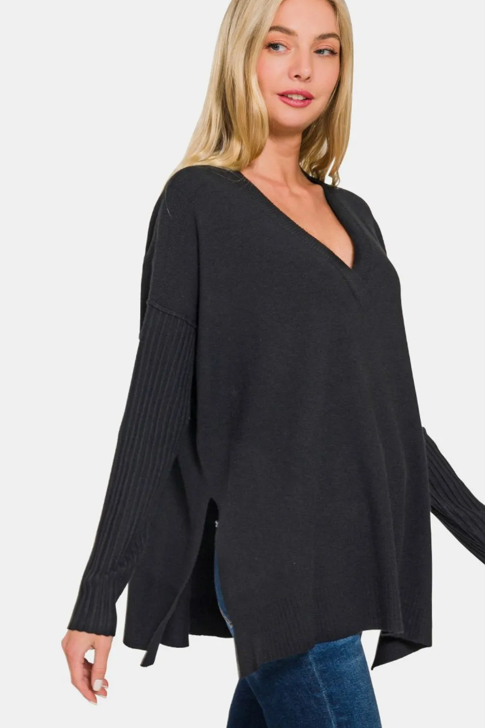 Zenana V-Neck Side Slit High-Low Sweater sold by Charming Charlie product image thumbnail 3