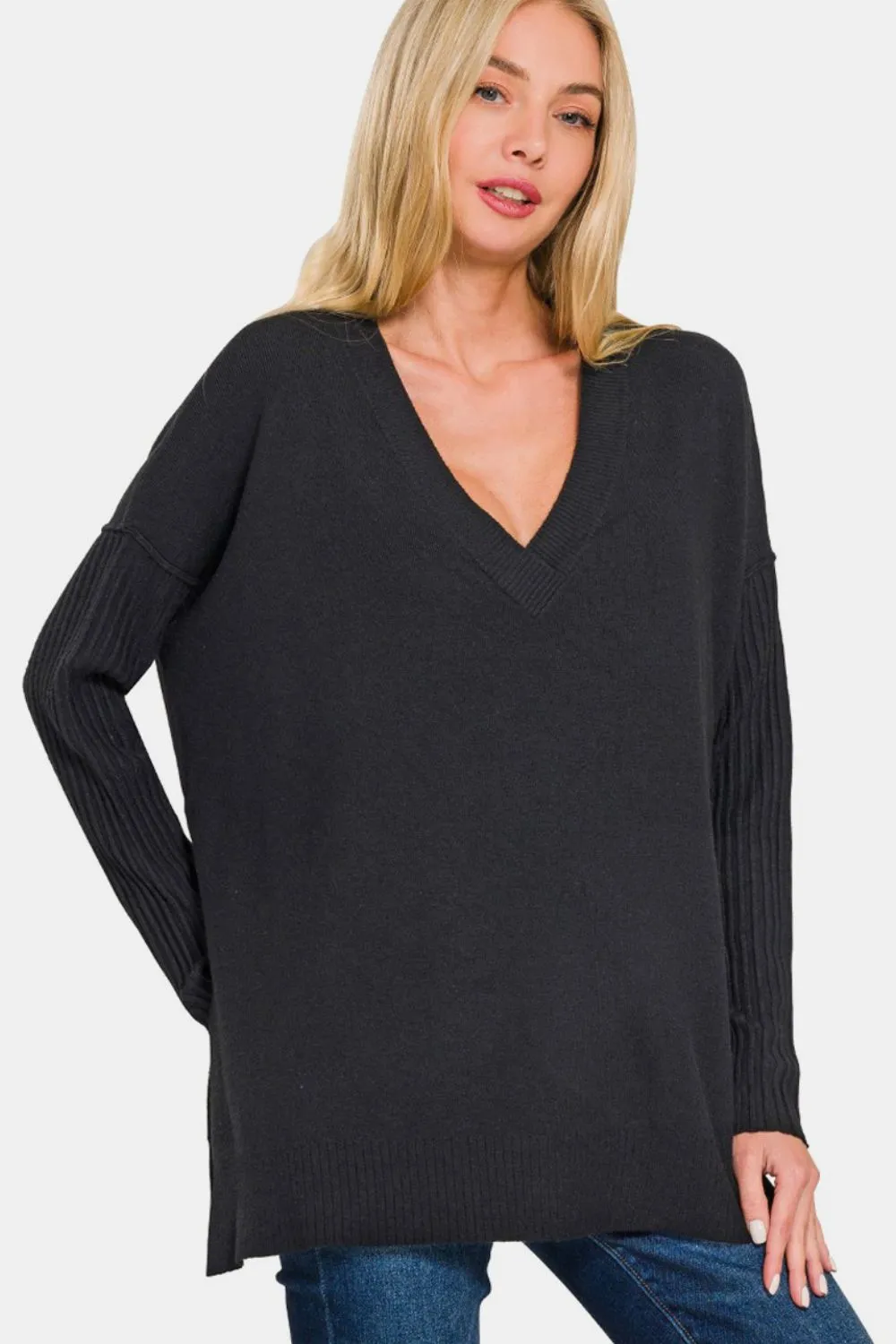 Zenana V-Neck Side Slit High-Low Sweater sold by Charming Charlie