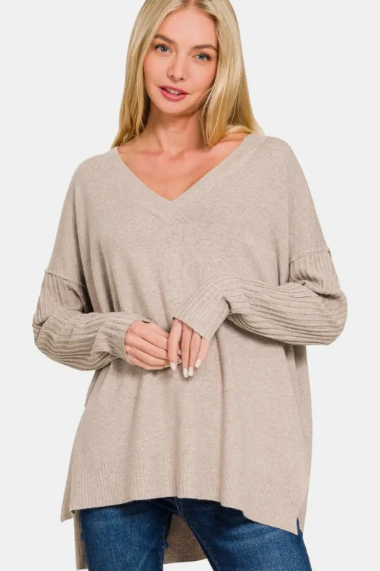 Zenana V-Neck Side Slit High-Low Sweater sold by Charming Charlie