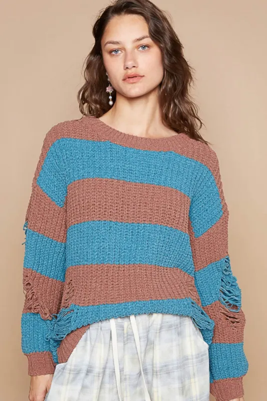 POL Striped Distressed Long Sleeve Sweater sold by Charming Charlie