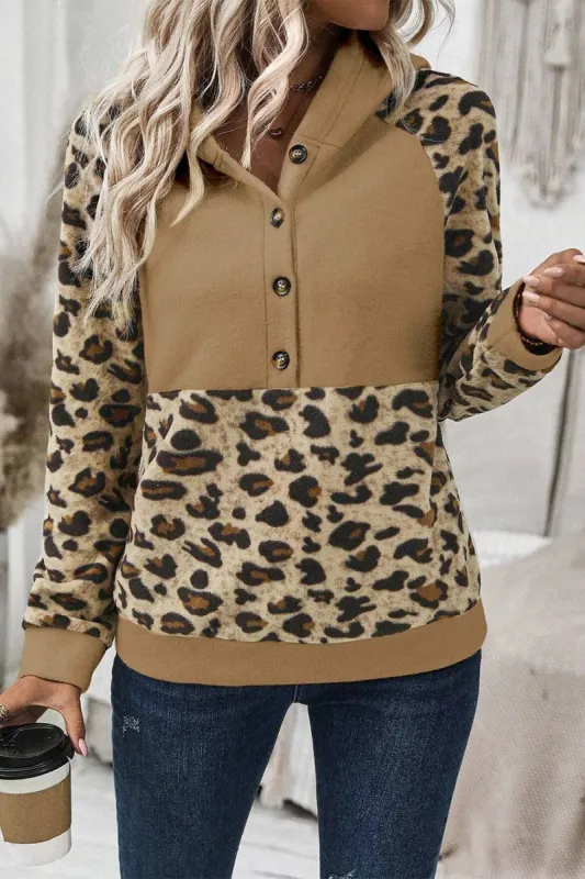 Leopard Half Button Long Sleeve Hoodie sold by Charming Charlie