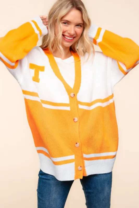 Haptics V Neck Button Down Letter Patch Cardigan sold by Charming Charlie
