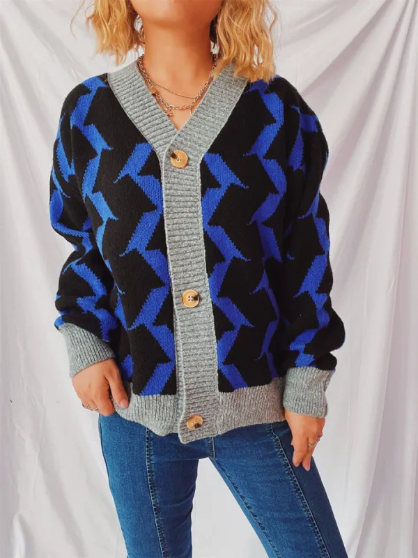 Contrast Trim Geometric V-Neck Long Sleeve Cardigan sold by Charming Charlie