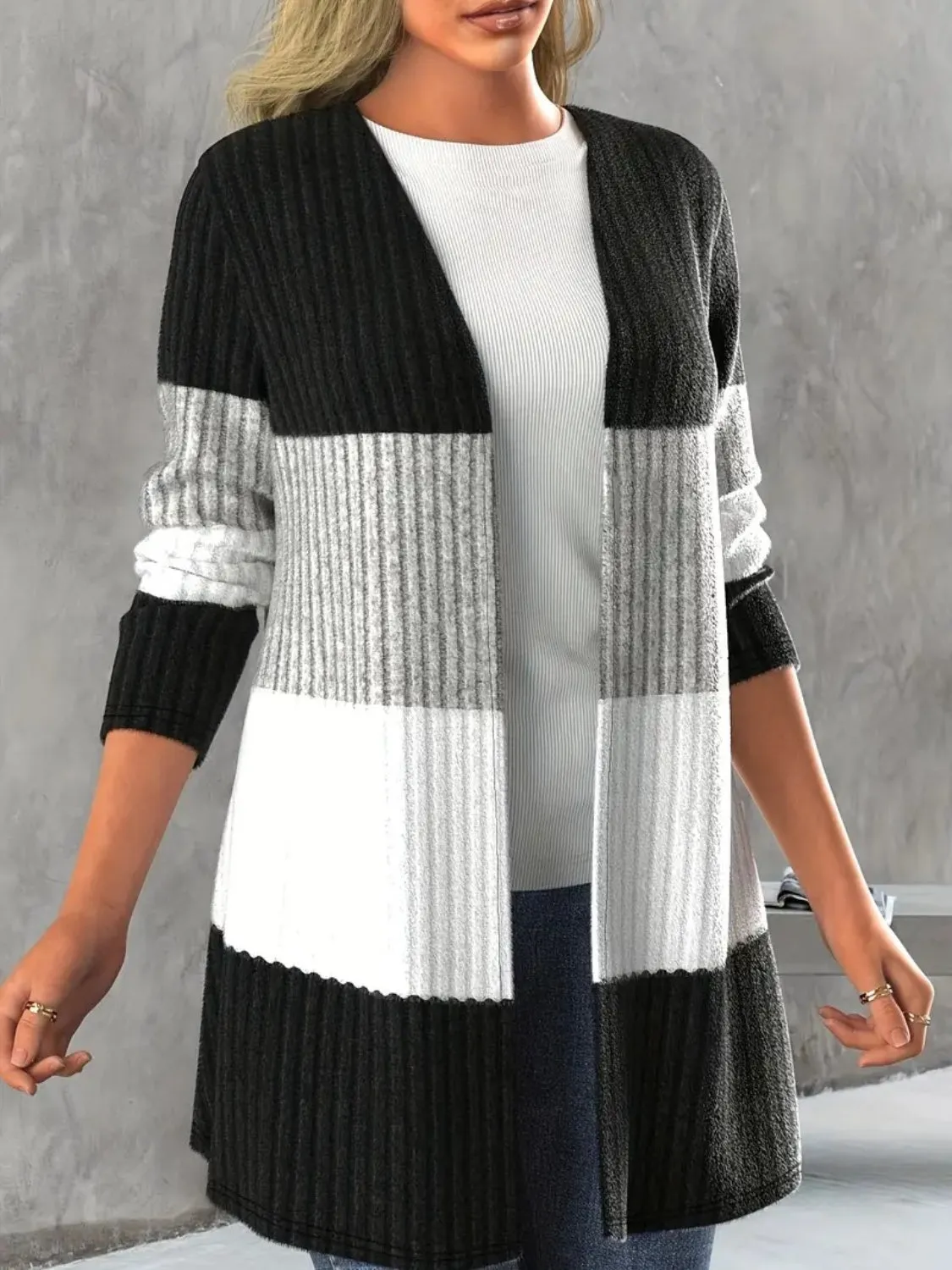 Color Block Open Front Long Sleeve Cardigan sold by Charming Charlie product image thumbnail 3