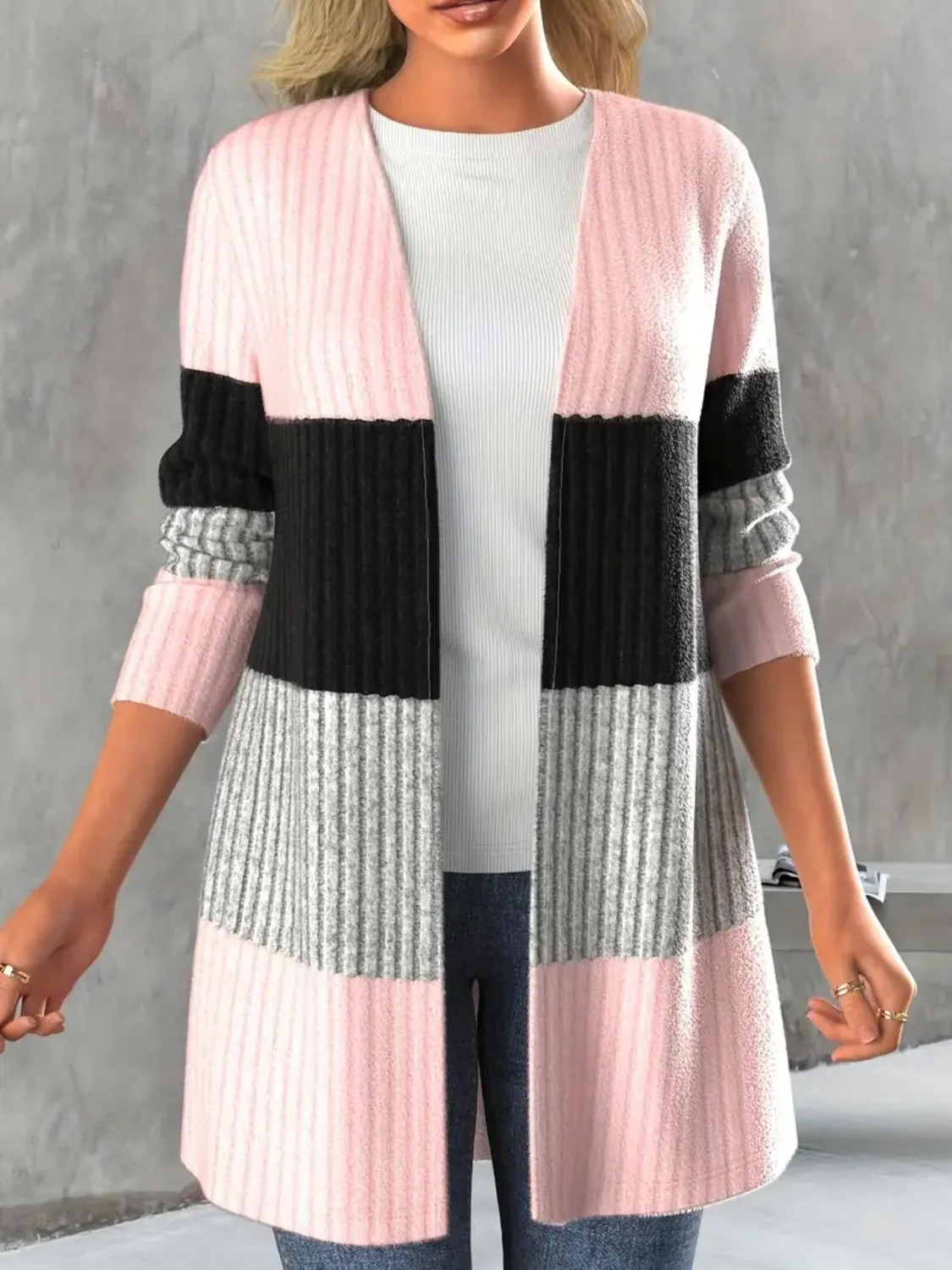 Color Block Open Front Long Sleeve Cardigan sold by Charming Charlie product image thumbnail 4
