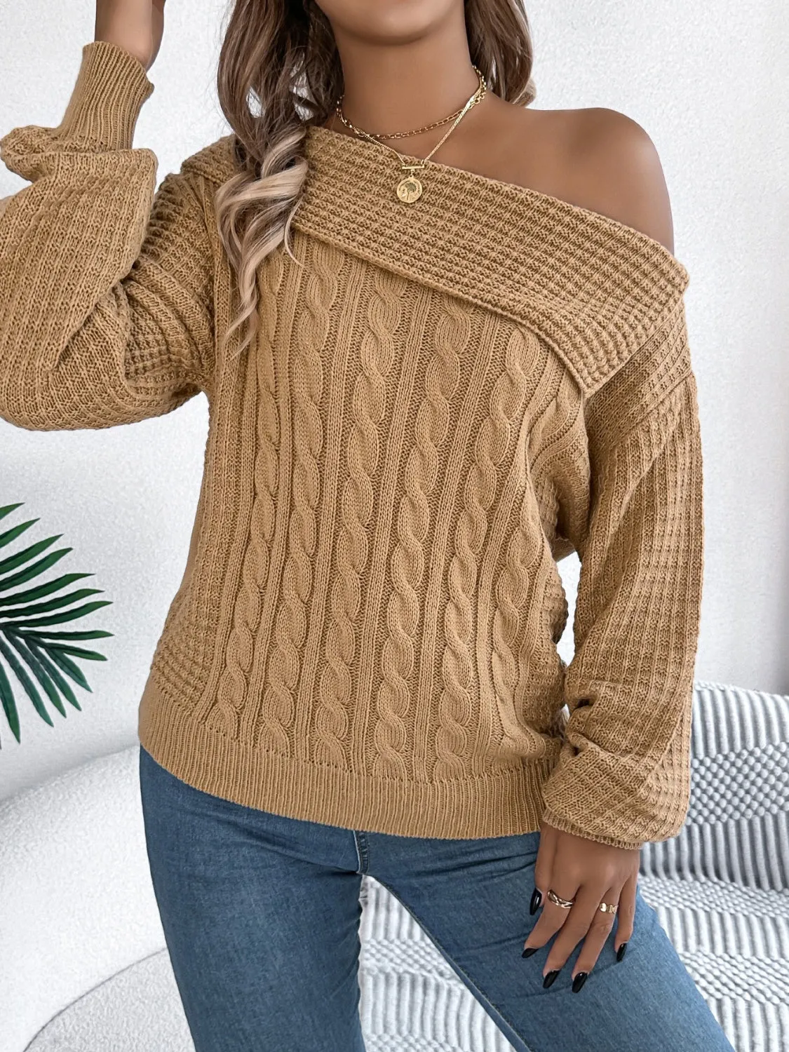 Cable-Knit One Shoulder Long Sleeve Sweater sold by Charming Charlie product image thumbnail 3