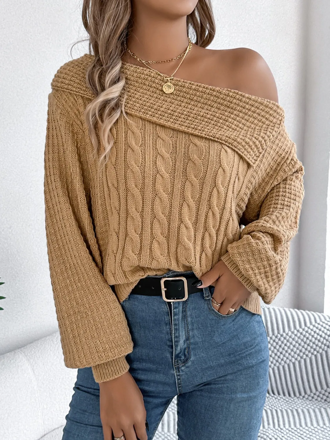 Cable-Knit One Shoulder Long Sleeve Sweater sold by Charming Charlie product image thumbnail 4