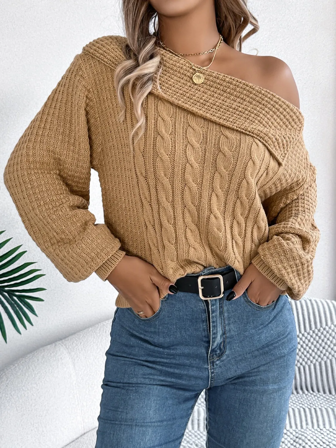 Cable-Knit One Shoulder Long Sleeve Sweater sold by Charming Charlie