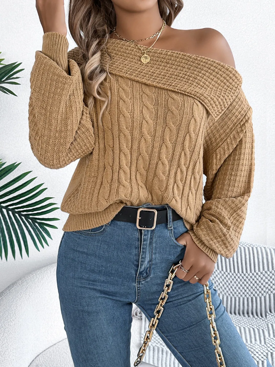 Cable-Knit One Shoulder Long Sleeve Sweater sold by Charming Charlie product image thumbnail 5