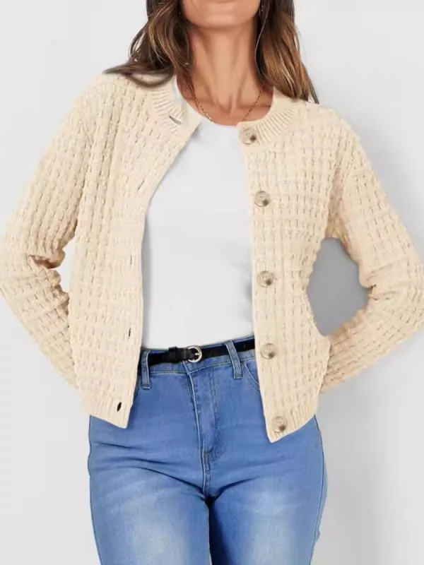 Button Up Round Neck Long Sleeve Cardigan sold by Charming Charlie