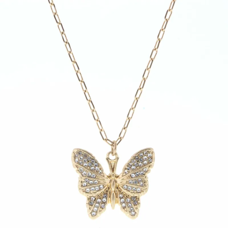 18" Gold Chain, Clear Rhinestone Butterfly Necklace, 3" Ext. sold by Charming Charlie