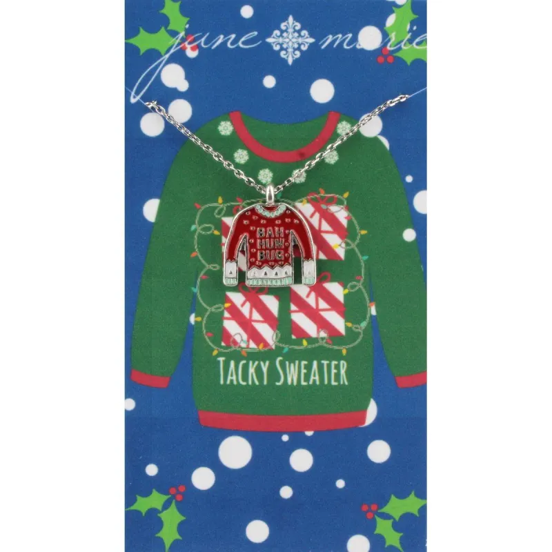 16" Silver Necklace with Epoxy "Bah-Hum-Bug" Tacky Sweater", 3" Ext. sold by Charming Charlie