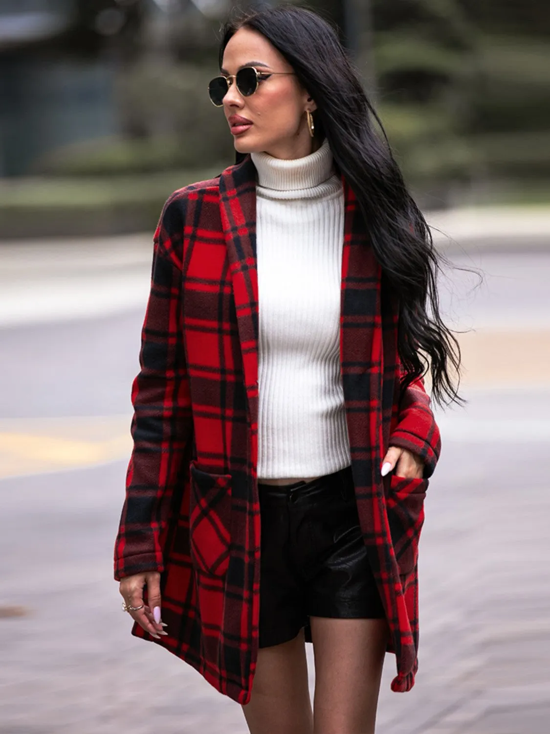 Plaid Shawl Collar Coat with Pockets sold by Charming Charlie product image thumbnail 4
