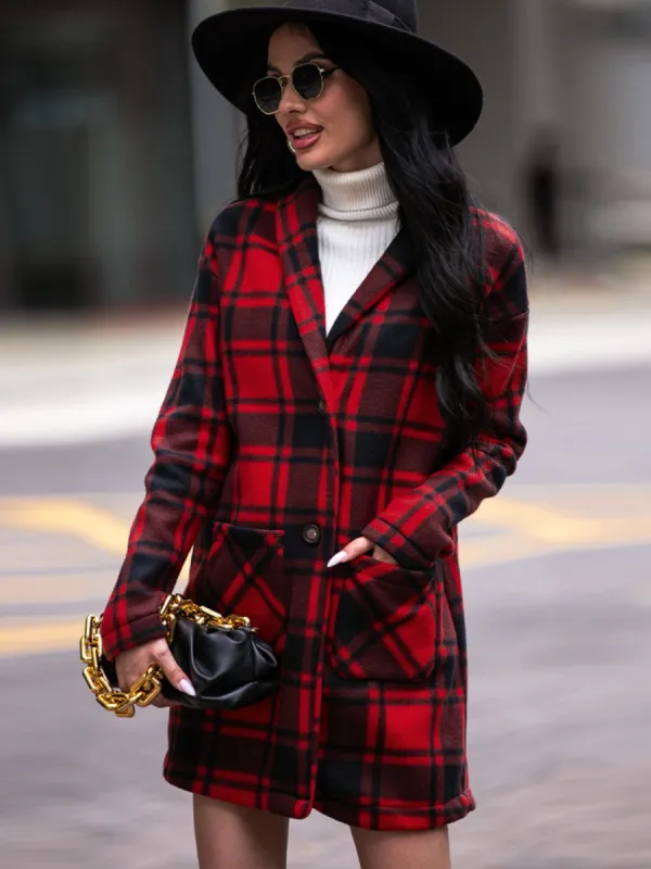 Plaid Shawl Collar Coat with Pockets sold by Charming Charlie