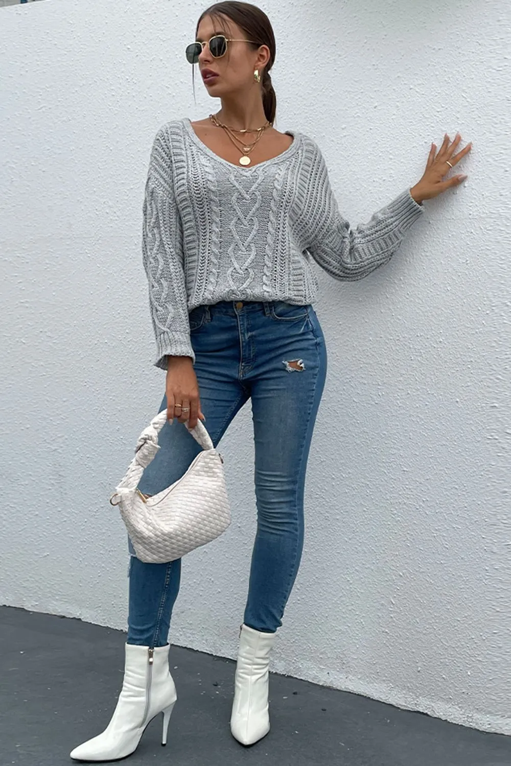 V-Neck Cable-Knit Long Sleeve Sweater sold by Charming Charlie product image thumbnail 4