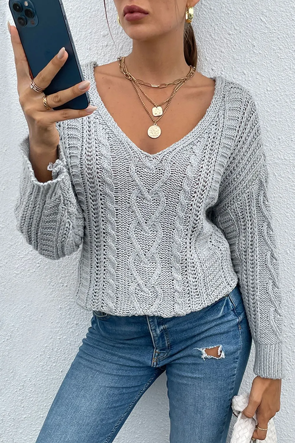 V-Neck Cable-Knit Long Sleeve Sweater sold by Charming Charlie product image thumbnail 3